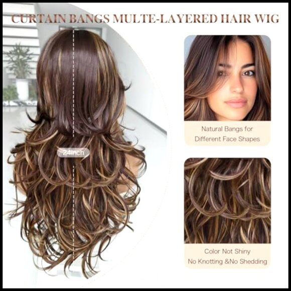 Long Layered Wavy Wig with Curtain Bangs Synthetic Hair Glueless Cap Daily Use main image 4